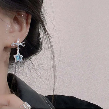 DAIIIBABYYY  -  Korean Fashion Blue Zircon Star Stud Earrings for Women Creative Shiny Rhinestone Bowknot Earrings Sweet Girls Jewelry Gifts